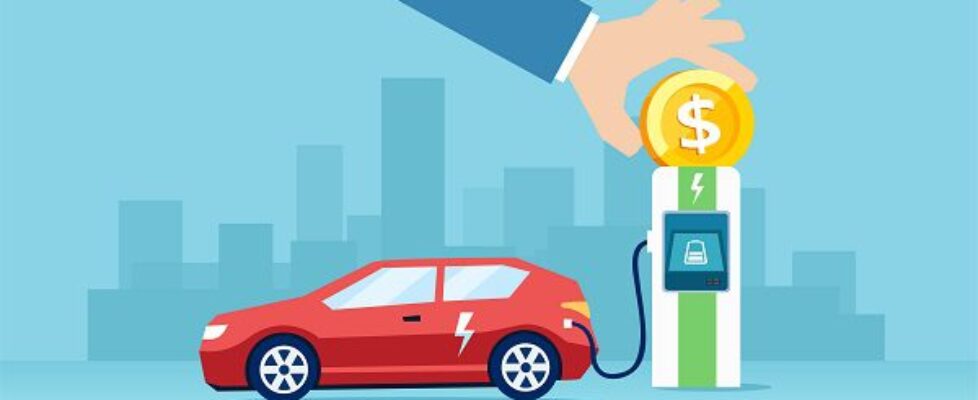 Vector of an electric car charging at the charger station saving money