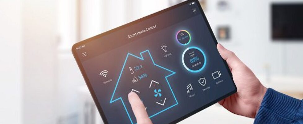 All in one smart home control system app concept on tablet displ