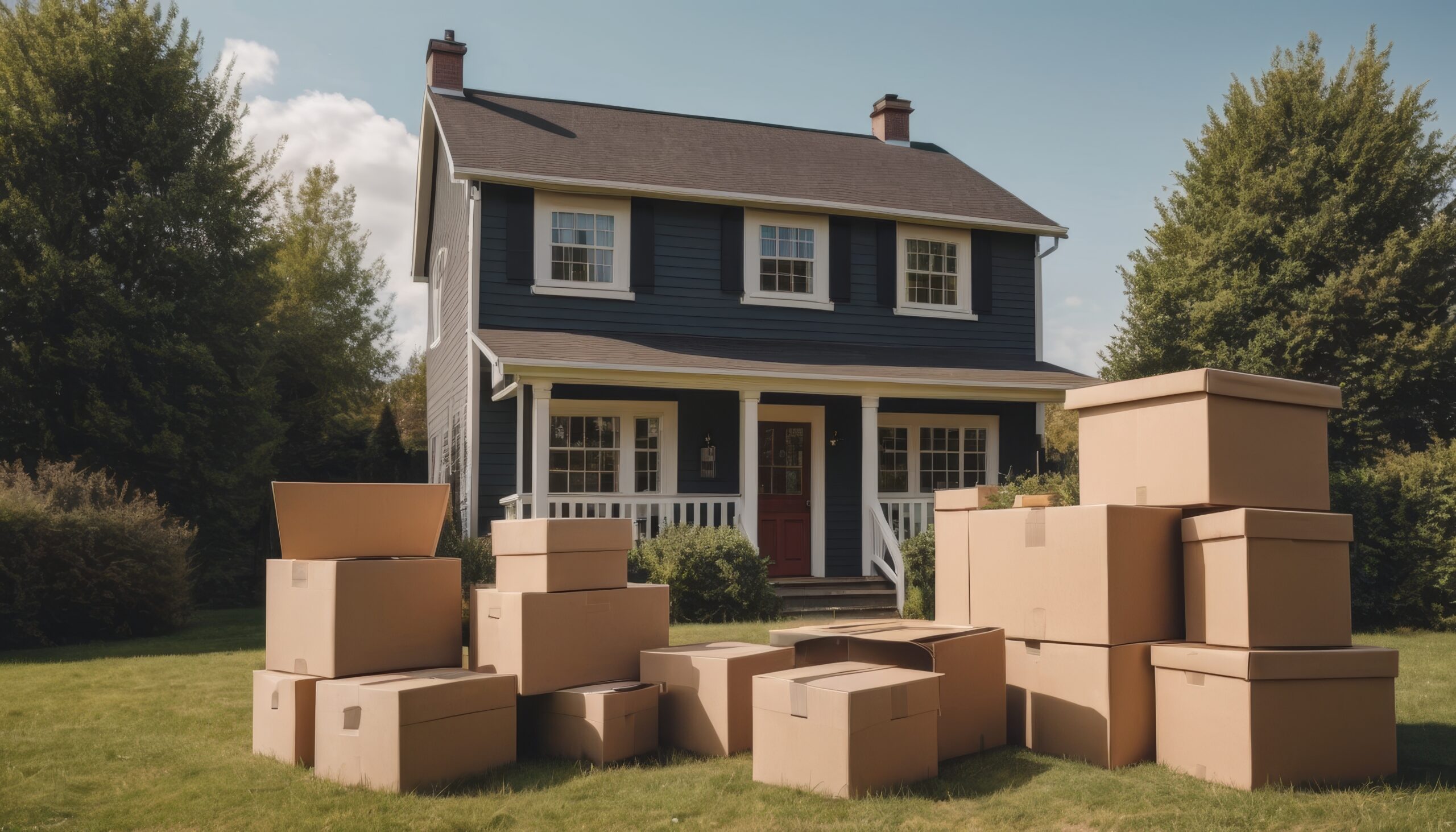 A cozy rural home with neatly stacked moving boxes outside, surrounded by open land, representing the process of real estate downsizing and simplifying one’s lifestyle